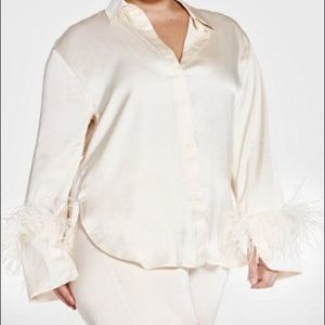 Laila Button-Down Feather Trim Satin Shirt